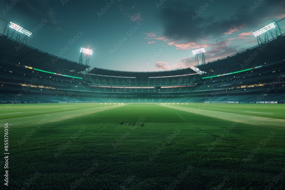 custom made wallpaper toronto digitalA deserted cricket stadium with a perfectly prepared pitch, awaiting the excitement of an upcoming match. The lush green grass and neatly marked lines create an atmosphere of anticipation.