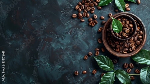 Coffee beans and green leaves on a dark background photo
