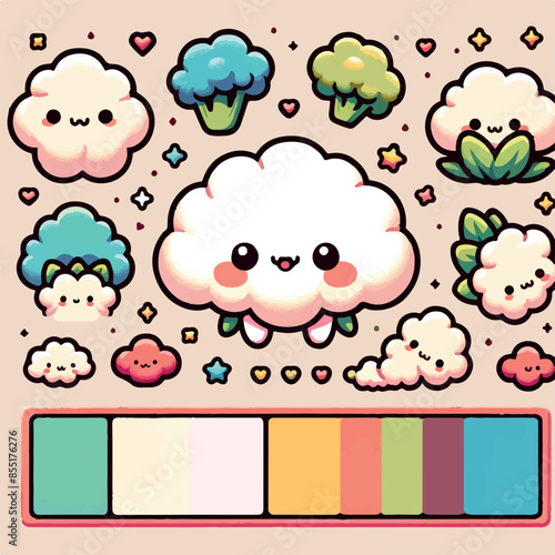 A vibrant collection of kawaii-style frames featuring cute vegetables like peppers, cauliflowers, and cucumbers in bright, flat colors. Ideal for playful designs, kids' projects, and creative decorati