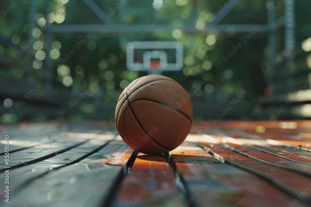A close-up shot of a basketball sitting on a polished wooden court floor, with the court's lines and textures visible in the background. The ball's panels and stitching are also clearly visible. A close-up shot of a basketball sitting on a polished wooden court floor, with the court's lines and textures visible in the background. The ball's panels and stitching are also clearly visible.