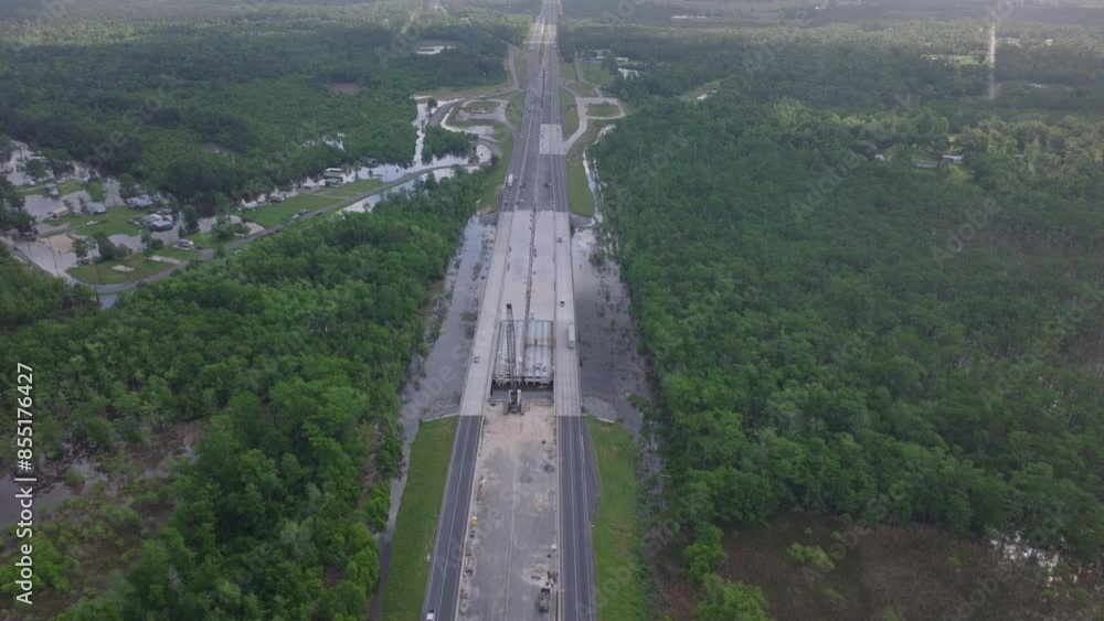 Aerial view of highway construction in a lush american forest, highlighting development in a green landscape and transportation concept Aerial view of highway construction in a lush american forest, highlighting development in a green landscape and transportation concept