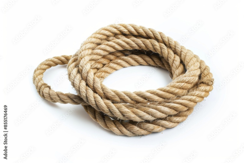A neatly coiled rope, expertly tied and ready for use, set against a clean white background. The rope's texture and intricate knots are showcased in high detail. A neatly coiled rope, expertly tied and ready for use, set against a clean white background. The rope's texture and intricate knots are showcased in high detail.