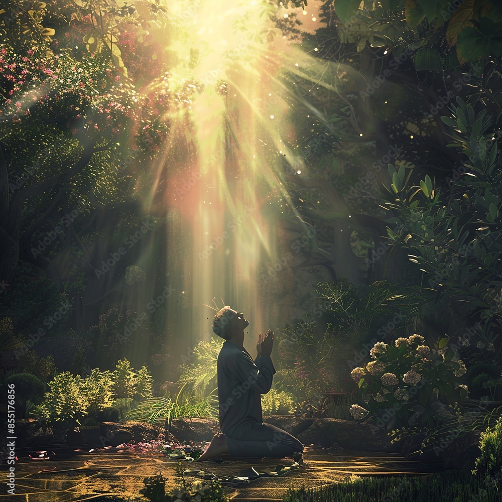 Fototapeta premium Man kneeling in a beautiful garden with a beam of light over his head, symbolizing divine presence. Perfect for themes of faith, spirituality, and devotion.