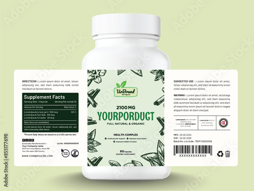 Food supplement vitamin herbal label sticker design dietary organic capsule modern bottle jar box packaging.