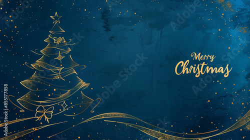copy space, luxury happy merry christmas card with golden glitter line drawing of an elegant christmas tree, blue background, text 