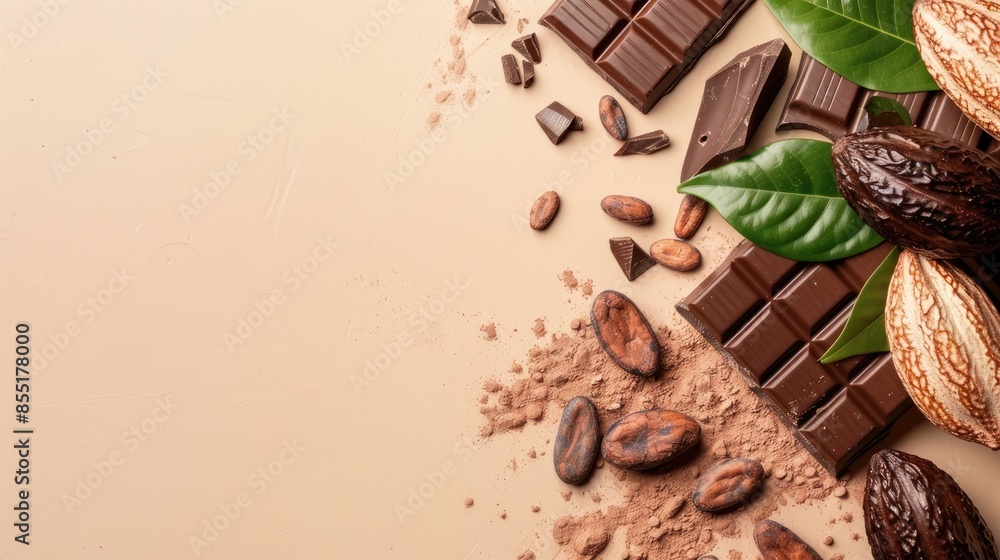 Fototapeta premium Cocoa pods and chocolate flat lay on beige background with text space