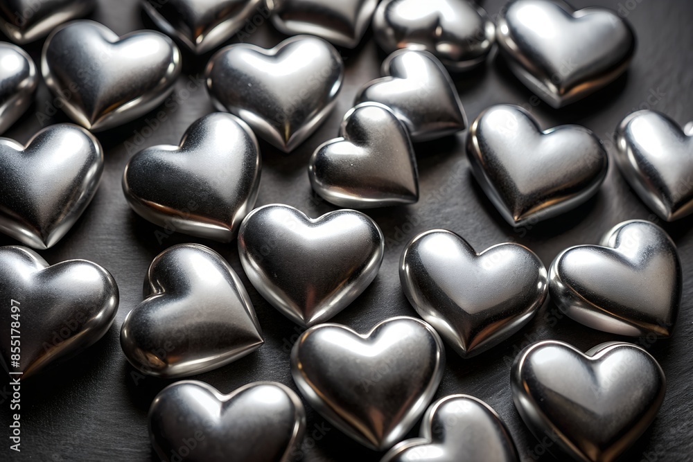 Silver Heart-Shaped Decorations Scattered on Black Surface. Generative AI Silver Heart-Shaped Decorations Scattered on Black Surface. Generative AI