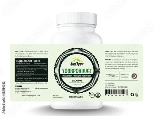 Food supplement vitamin herbal label sticker design dietary organic capsule modern bottle jar box packaging.