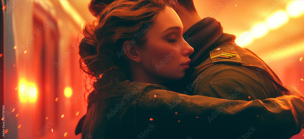 tender moment of a soldier reuniting with their partner at a train station, with emotional expressions and a warm embrace. tender moment of a soldier reuniting with their partner at a train station, with emotional expressions and a warm embrace.