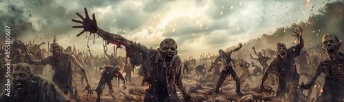 A zombie apocalypse with survivors barricaded in a fortified location, fending off the undead. photo