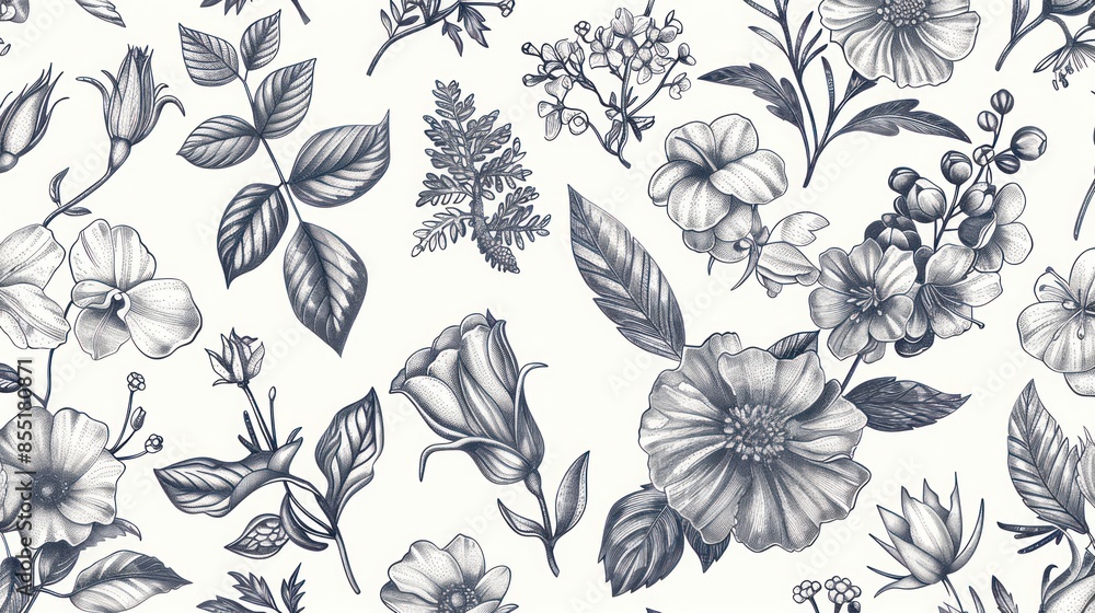 Obraz premium Beautiful seamless watercolour illustration wild blooming floral pattern, delicate flowers, white, blue and light blue flowers, greeting card template on light grey background.