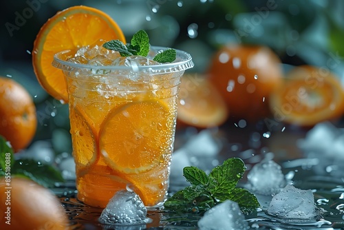 Large plastic cup fulled with orange juice, vissible ice cubes, background orange tree and mint leaves with water splash