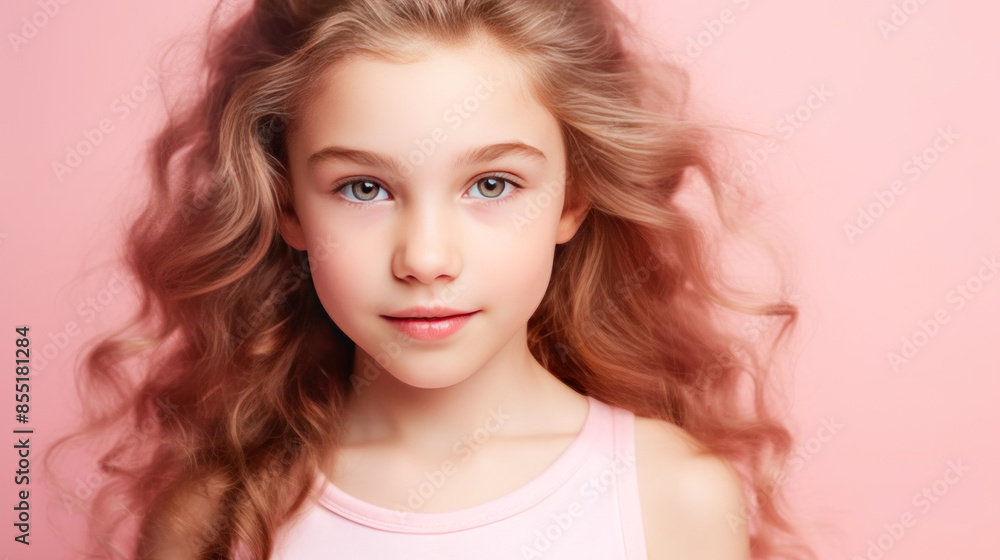Portrait of a chic cute beautiful baby girl with perfect skin, pink background, banner. Portrait of a chic cute beautiful baby girl with perfect skin, pink background, banner.