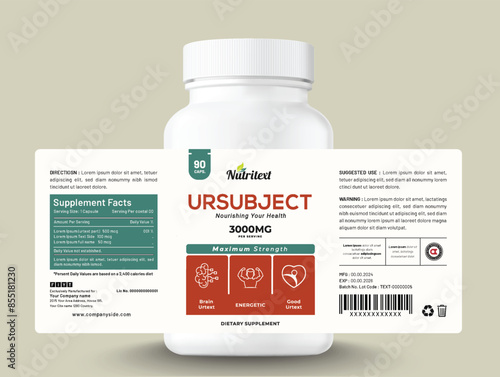 Food supplement vitamin herbal label sticker design dietary organic capsule modern bottle jar box packaging.