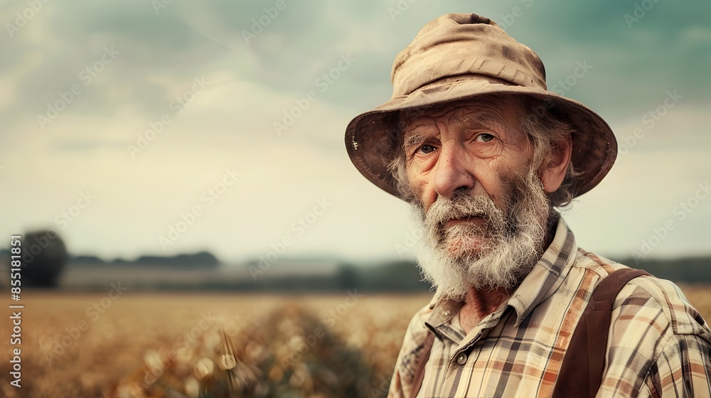 Portrait of Weathered and Toiling Agrarian Farmer in Rural Field with Copy Space Portrait of Weathered and Toiling Agrarian Farmer in Rural Field with Copy Space