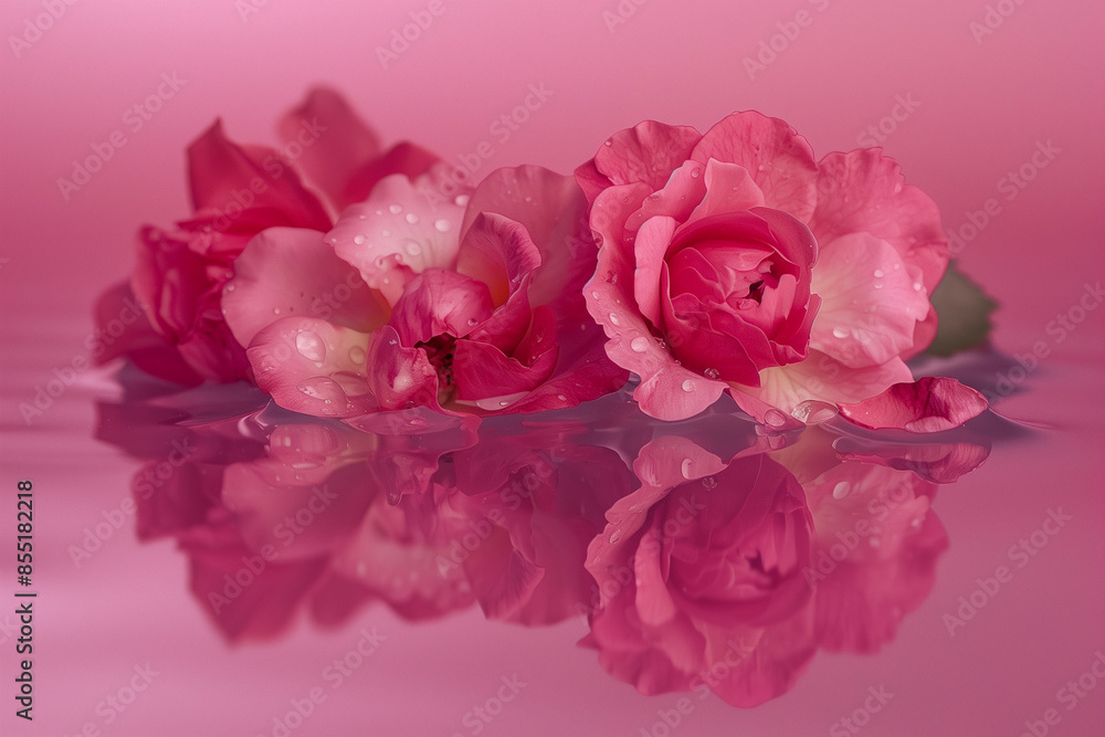 A serene composition featuring several deep pink roses with dewdrops and their reflections on a soft pink surface A serene composition featuring several deep pink roses with dewdrops and their reflections on a soft pink surface