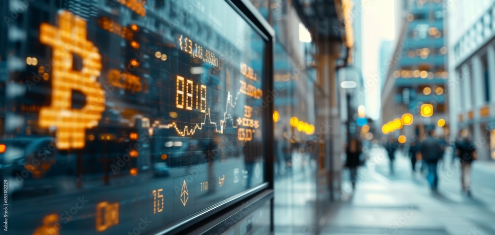 A large screen with a digital currency symbol and numbers on it A large screen with a digital currency symbol and numbers on it