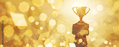 Silhouette of person holding a trophy against a golden bokeh background, symbolizing victory and achievement.