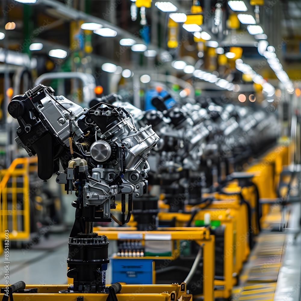 Industrial Engine Assembly Line with Robotic Equipment in High-Tech Car Factory Industrial Engine Assembly Line with Robotic Equipment in High-Tech Car Factory