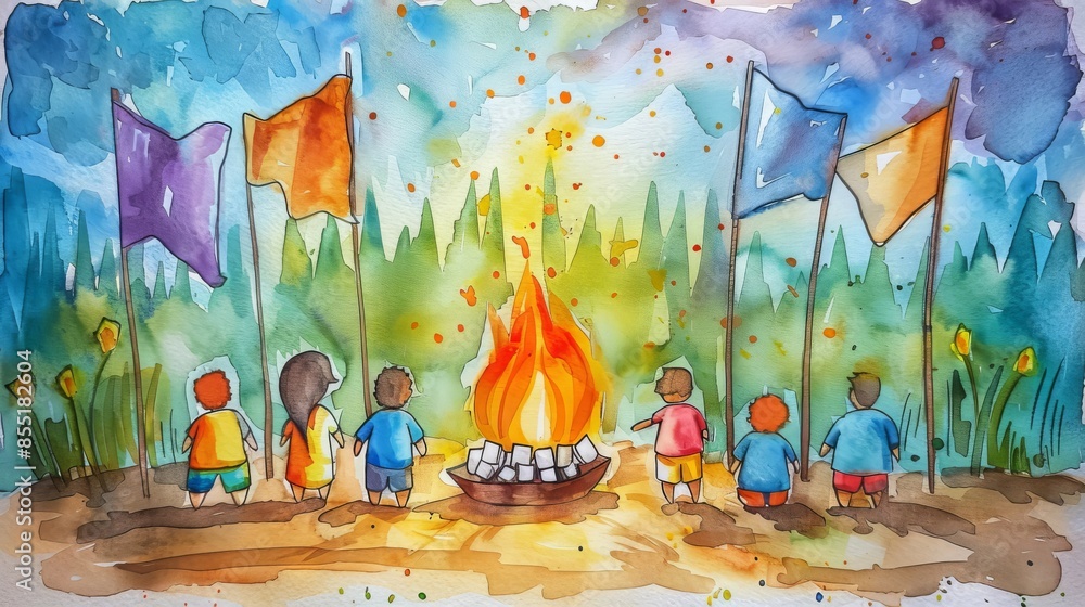 Fototapeta premium The image shows a group of children sitting around a campfire