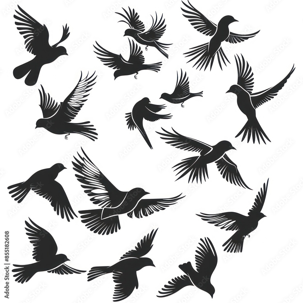 Fototapeta premium Vector silhouette of a pigeons flock isolated on white background. Pigeons in flight and sitting in different poses.