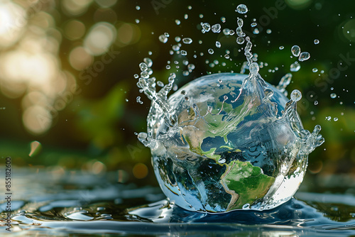 A Realistic Depiction of the Earth as a Crystal Clear Glass Globe Engulfed in Splashing Water, Illuminated by Sunlight, Displaying Vivid and Detailed Continent Outlines