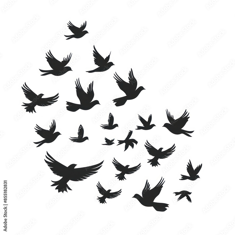 Obraz premium Vector silhouette of a pigeons flock isolated on white background. Pigeons in flight and sitting in different poses.