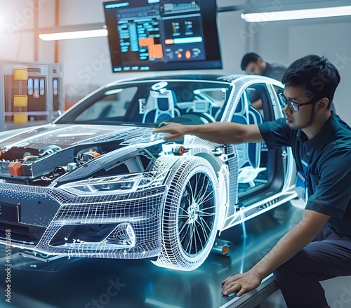 Innovative car design team utilizing augmented reality to review the internal components and systems of an electric vehicle in a state-of-the-art research lab