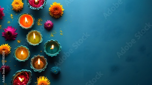 Colorful Diwali celebration arrangement with lit clay diya lamps and flowers on a blue background, ideal for festive themes #855183030