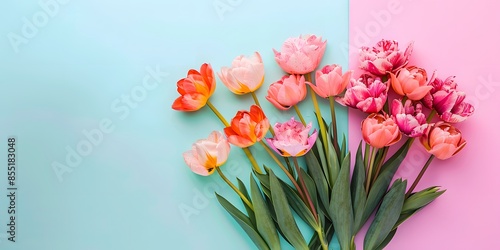 Wallpaper Mural Vibrant tulip flowers arranged on a split pastel blue and pink background, perfect for floral and spring themes Torontodigital.ca