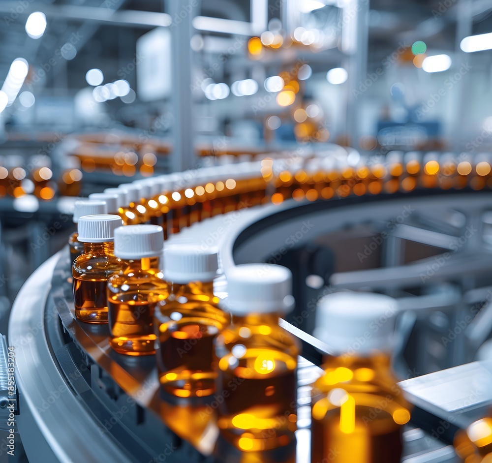 Row of Amber Glass Bottles on High-Tech Conveyor Belt in Medical Manufacturing Plant, Industrial Production Row of Amber Glass Bottles on High-Tech Conveyor Belt in Medical Manufacturing Plant, Industrial Production