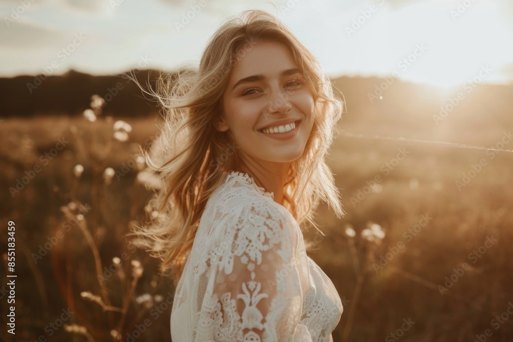 A happy woman posing in a green field, looking directly at the camera A happy woman posing in a green field, looking directly at the camera