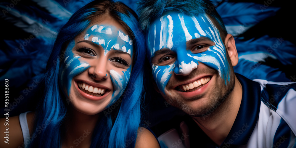 Conmebol Copa América 2024. a couple fan of the Argentina soccer team with your faces painted with the colors of the argentine flag Conmebol Copa América 2024. a couple fan of the Argentina soccer team with your faces painted with the colors of the argentine flag