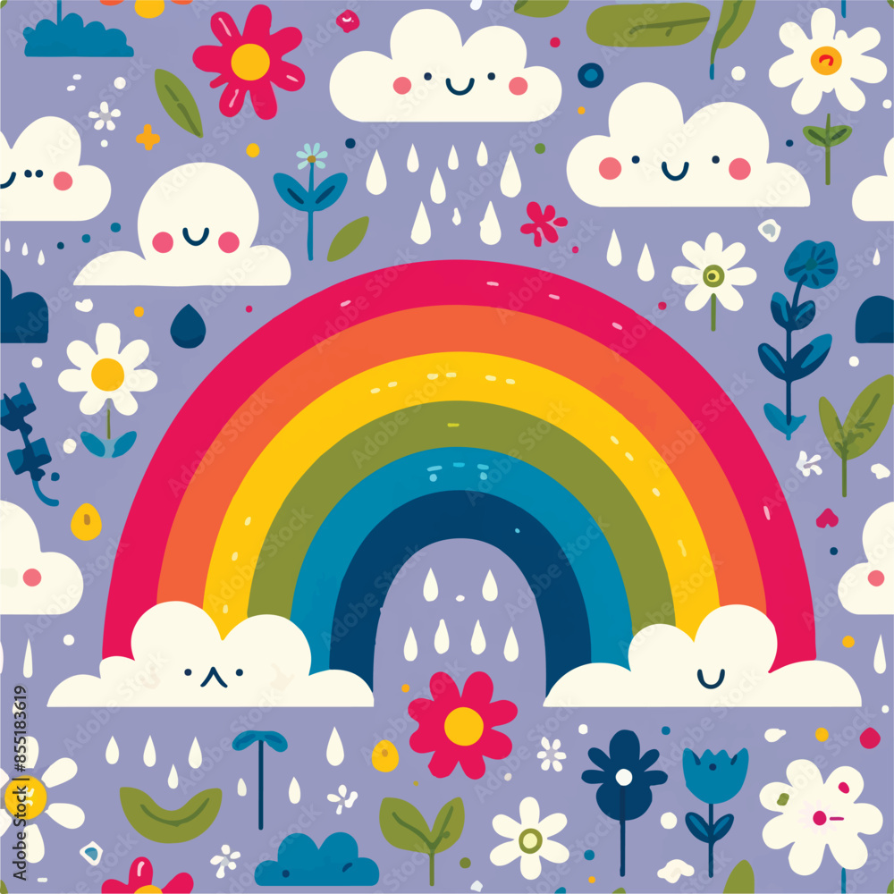 Colorful kawaii-style illustrations with rainbows, clouds, flowers, and raindrops on a lavender background. Bright, vibrant colors bring a cheerful, playful atmosphere to these minimalist designs. Colorful kawaii-style illustrations with rainbows, clouds, flowers, and raindrops on a lavender background. Bright, vibrant colors bring a cheerful, playful atmosphere to these minimalist designs.
