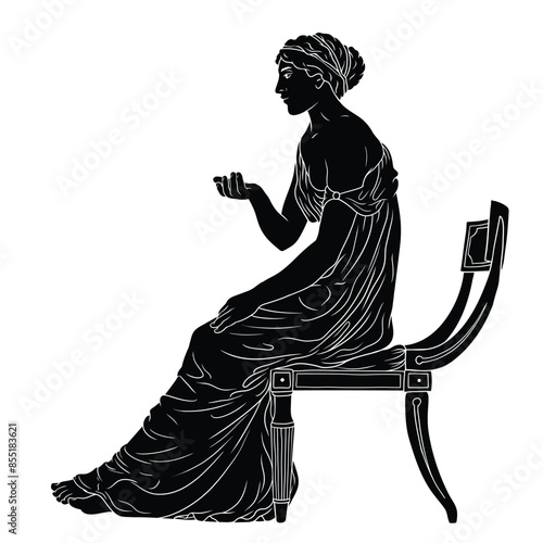 An ancient Greek young woman in a tunic sits on a chair talking to her interlocutor and gesticulating. Figure isolated on white background