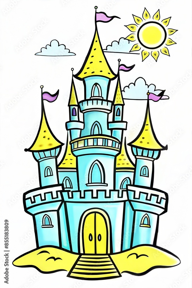Colorful cartoon castle with turrets and flags Colorful cartoon castle with turrets and flags