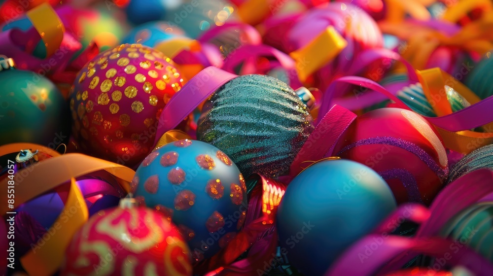 Obraz premium Vibrant festive ornaments made of ribbons and spheres