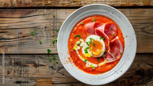 Traditional Spanish cold tomato soup salmorejo garnished with ham and boiled egg served in a white bowl on a wooden surface Bird s eye view