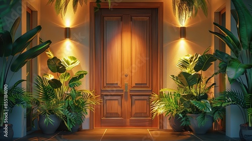 Charming Entryway A charming residential doorway is adorned with lush plants and subtle lighting, offering inspiration for decor advice columns and DIY projects