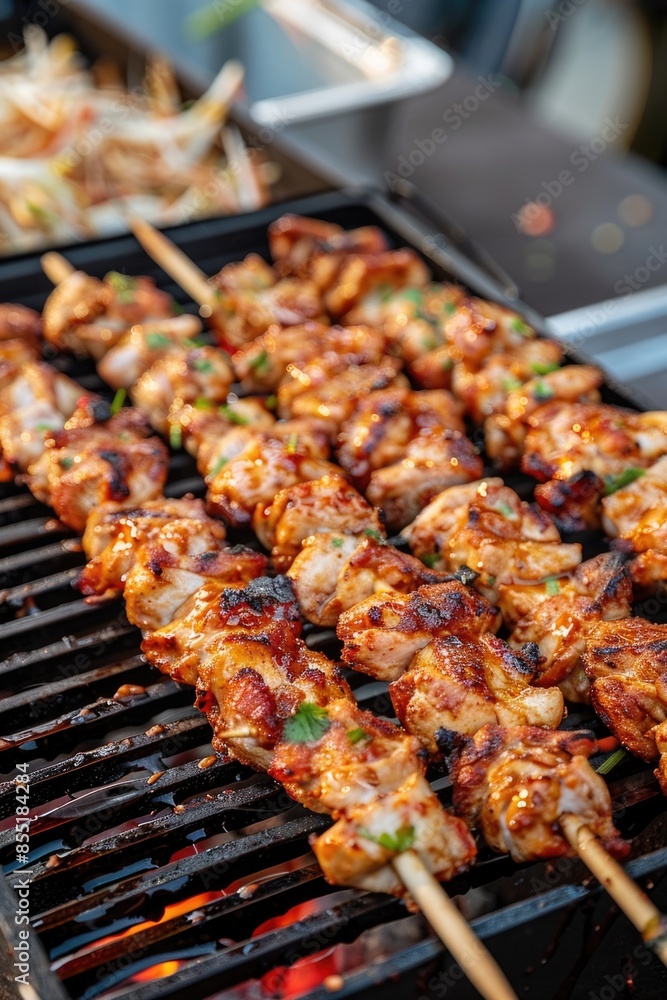 Grilled meat on a stick, perfect for BBQ or outdoor events Grilled meat on a stick, perfect for BBQ or outdoor events