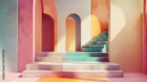 Abstract interior scene with geometric shapes and arches, with stairs leading to an open door