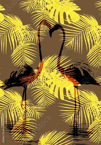 Silhouette of two flamingos in love. Abstract background