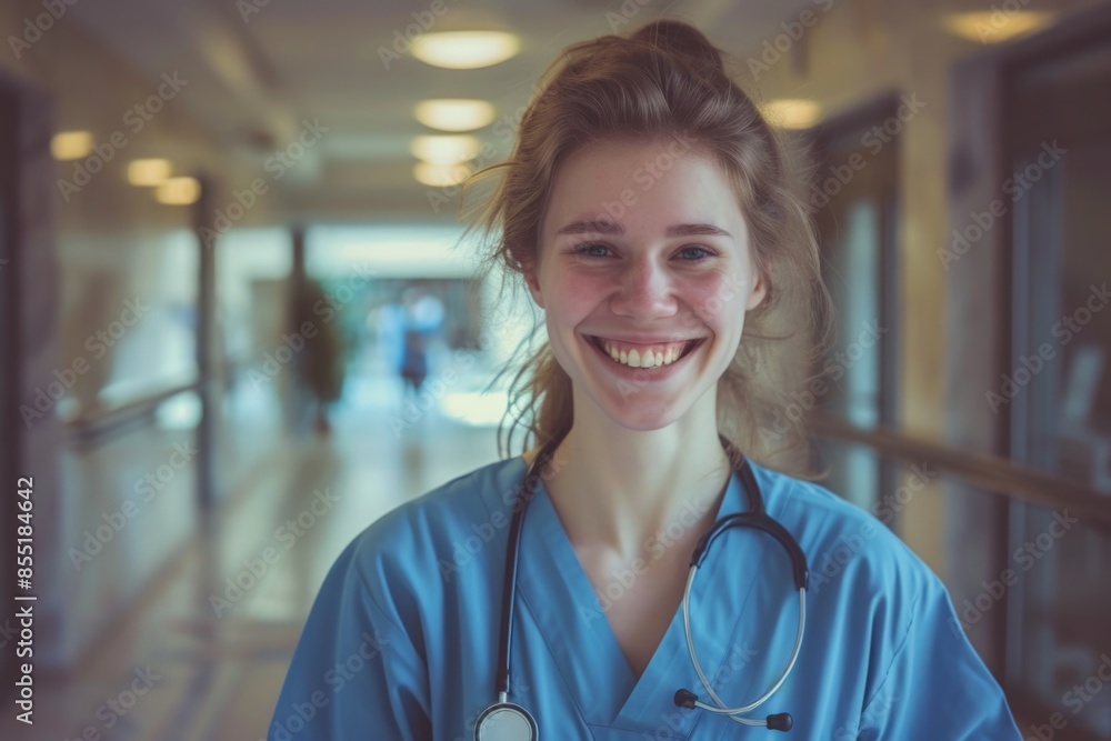 A medical professional wearing a blue scrub suit and holding a stethoscope, ready to examine patients A medical professional wearing a blue scrub suit and holding a stethoscope, ready to examine patients