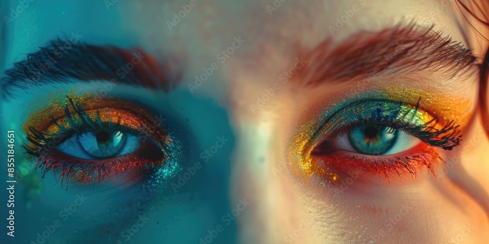 Close-up shot of a woman's eyes with vibrant and creative makeup