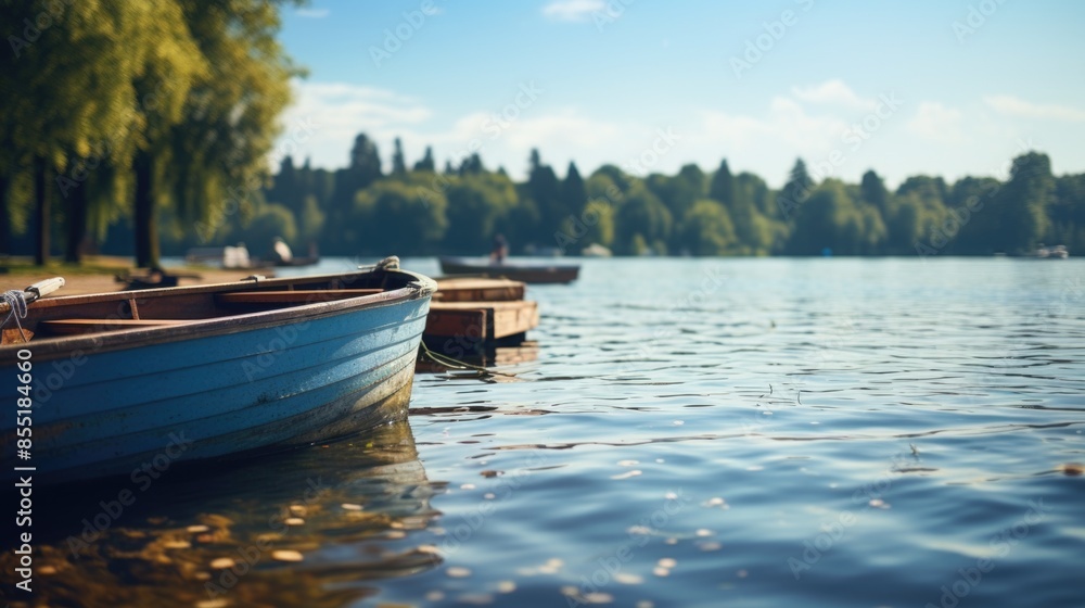 Obraz premium A row boat sits peacefully on the surface of a lake, surrounded by a serene forest
