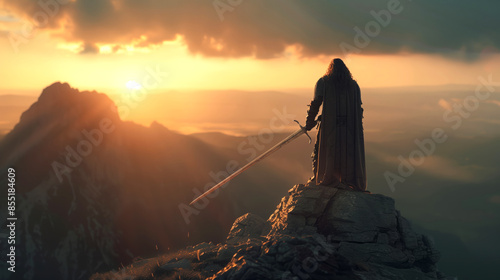  A fantasy warrior with long hair and cloak stands on the top of a mountain, holding a sword in hand, overlooking the valley below at sunset photo