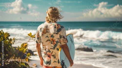 male surfer standing on the beach, floral couture shirt and swim shorts, holding his surfboard under the arm, blonde medium long hair photo