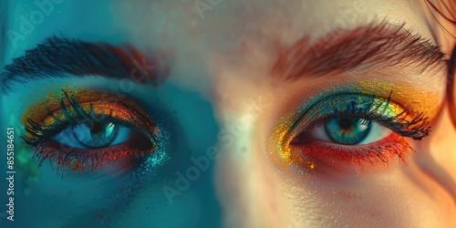 Obraz na płótnie Close-up shot of a woman's eyes with vibrant and creative makeup w salonie