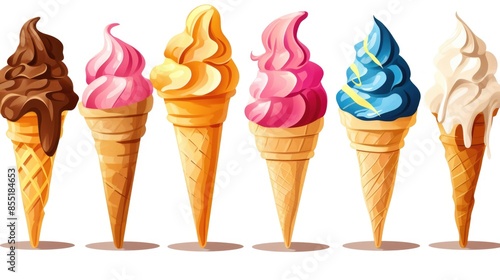 A colorful display of various ice cream cones with unique flavors, perfect for use in food, lifestyle, or commercial settings photo