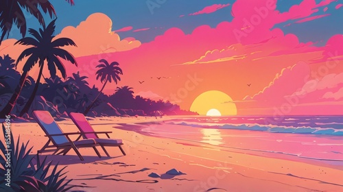 synthwave sunset in quiet beach illustration